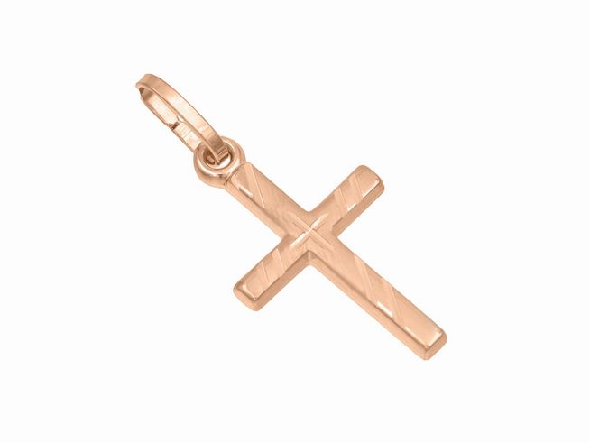 Anhänger Kreuz aus teilmattiertem Roségold, gefertigt von Juwelier Harnisch, schlichtes Design, ideal als modisches Accessoire oder symbolischer Schmuck.