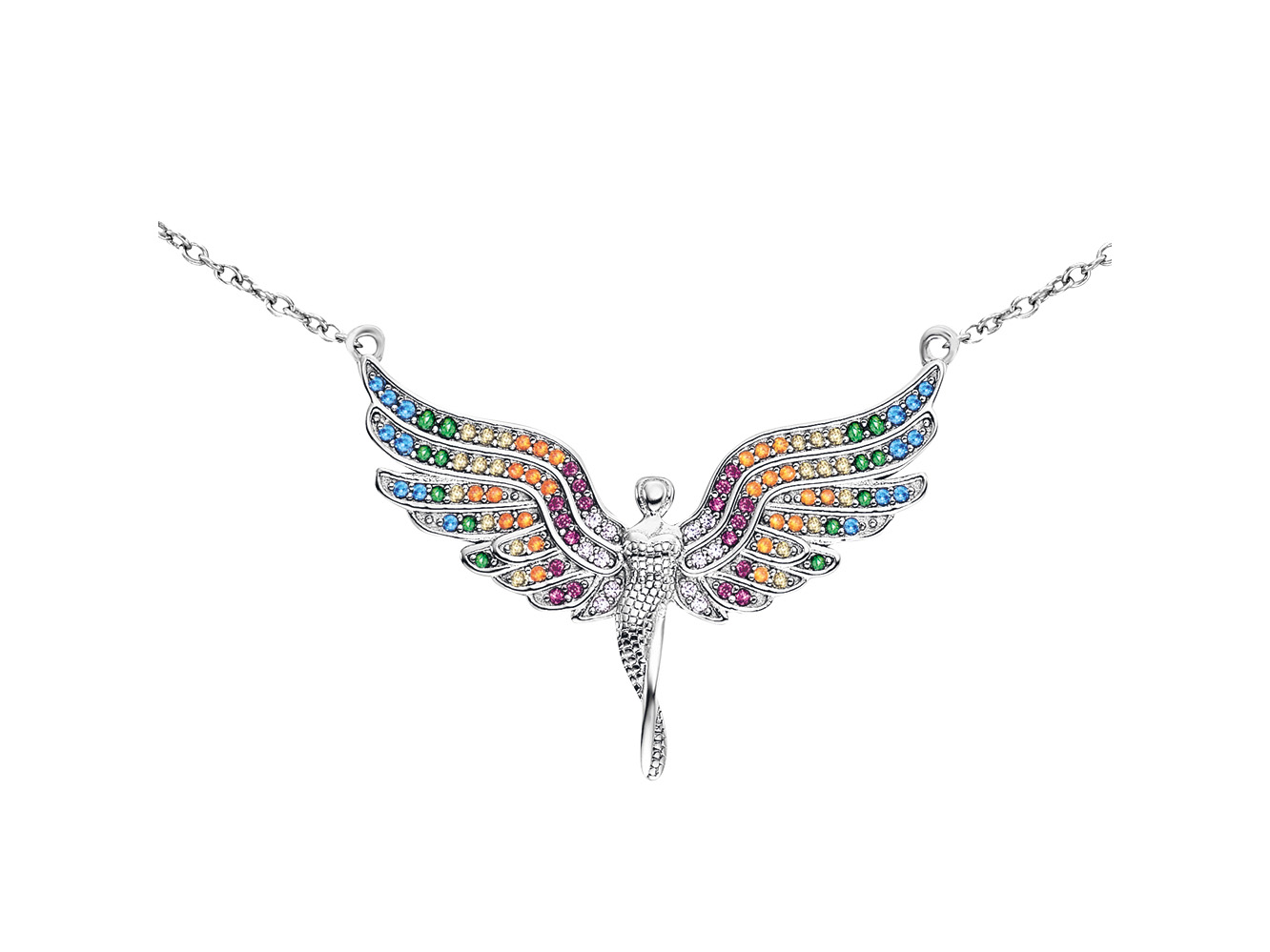Die Kette zeigt einen Engel mit bunten Zirkoniasteinen in Regenbogenfarben, gefertigt aus rhodiniertem Silber, mit einer Gesamtlänge von 40 cm und einem ansprechenden Design.