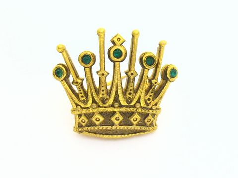Brosche im Sexy City Look in Form einer Krone mit Strass und grünen Akzenten, Hersteller Juwelier Harnisch, elegante Strass Brosche in Grün.