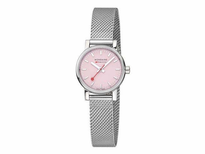 Mondaine Evo2 MSE.26130.SM Armbanduhr mit einem 26 mm Gehäuse, rosafarbenem Ziffernblatt, silbernem Stahlarmband und roter Sekundenzeiger. Elegantes Design für jeden Anlass.