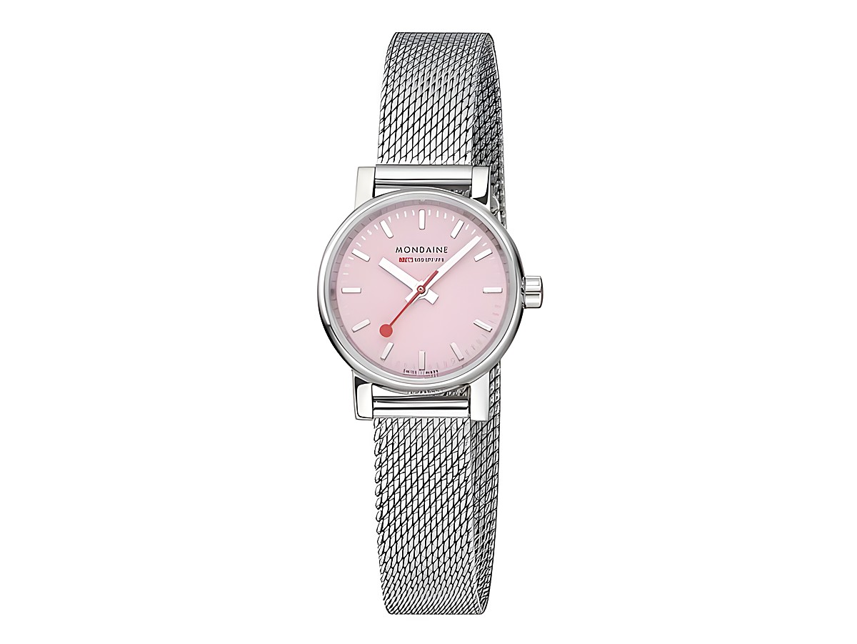Mondaine Evo2 MSE.26130.SM Armbanduhr mit einem 26 mm Gehäuse, rosafarbenem Ziffernblatt, silbernem Stahlarmband und roter Sekundenzeiger. Elegantes Design für jeden Anlass.