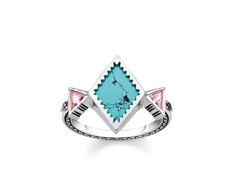 Thomas Sabo Ring TR2232-992-7-50 in mehrfarbig, Größe 50, mit einem schimmernden türkisen Stein in Rautenform und zwei pinken Steinchen an den Seiten, elegant und zeitlos.