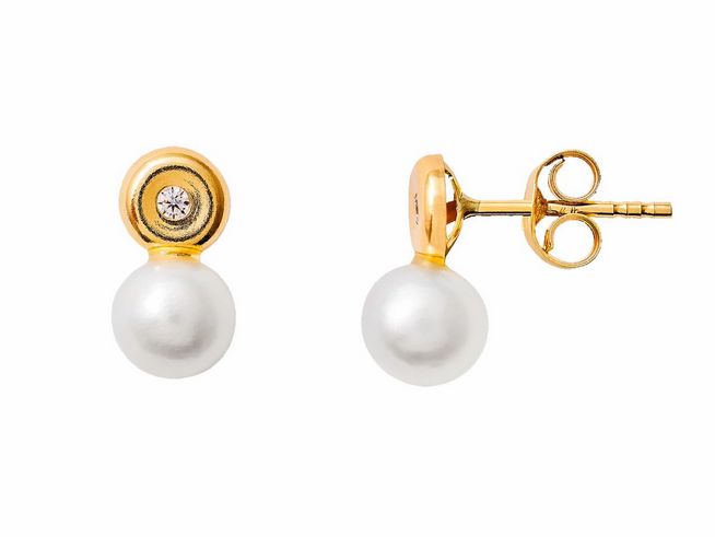 Echt Gold Ohrstecker von Xenox in Gelbgold 585, poliert, mit Zirkonia und einer weißen Perle, elegantes Design für besondere Anlässe und täglichen Gebrauch.