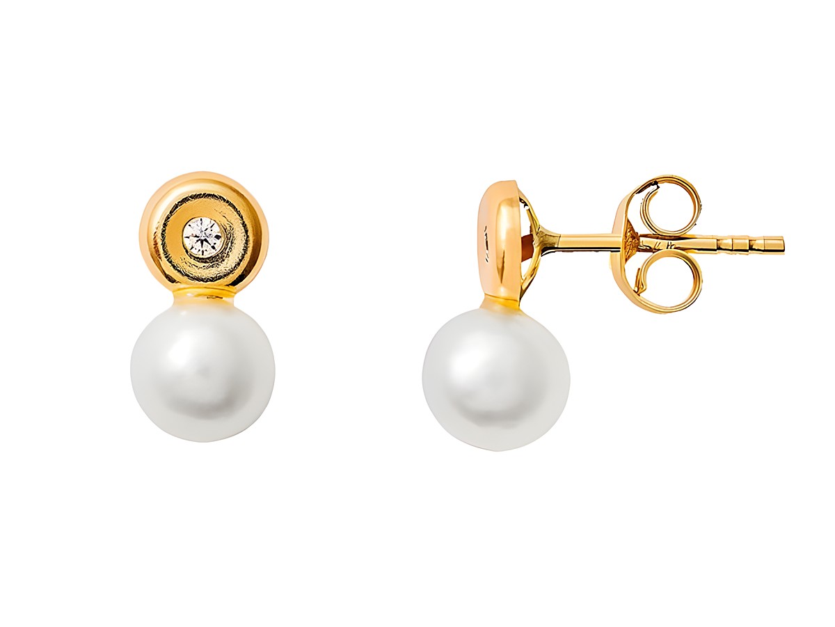 Echt Gold Ohrstecker von Xenox in Gelbgold 585, poliert, mit Zirkonia und einer weißen Perle, elegantes Design für besondere Anlässe und täglichen Gebrauch.