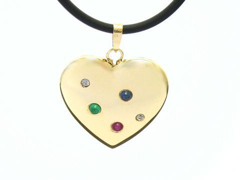 Herz der großen Liebe Anhänger aus Gold 585 mit Diamanten und bunten Steinen, hergestellt von Juwelier Harnisch, an einer schwarzen Kette, ideal für besondere Anlässe.