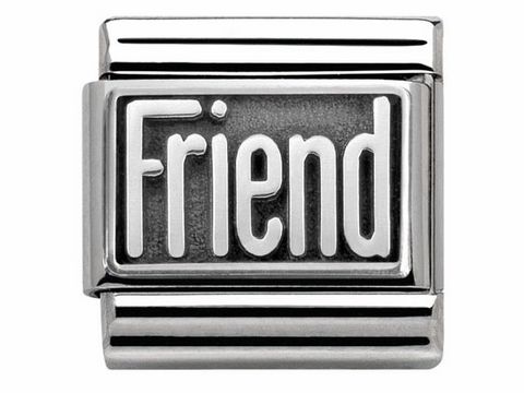 Classic Edelstahl Charm mit der Aufschrift Friend in Silber, hergestellt von Nomination, Modellnummer 330102 31, geeignet für personalisierte Armbänder.