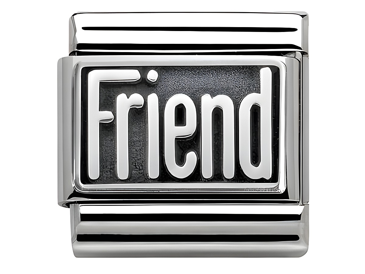 Classic Edelstahl Charm mit der Aufschrift Friend in Silber, hergestellt von Nomination, Modellnummer 330102 31, geeignet für personalisierte Armbänder.
