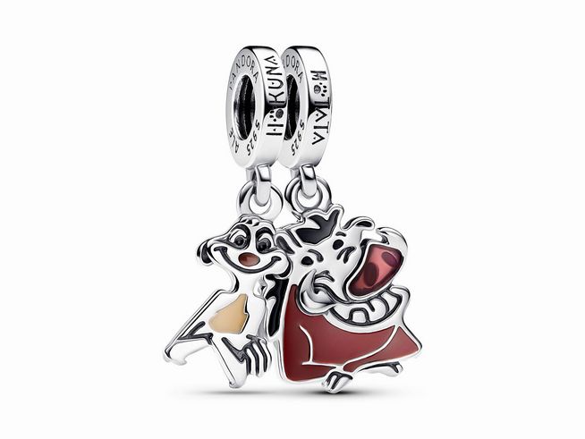 Charm von Pandora mit Timon und Pumbaa aus Der König der Löwen, aus Silber und Emaille, farbenfroh gestaltet, perfekt für Tierliebhaber und Disney-Fans, Teil einer charmanten Kollektion.