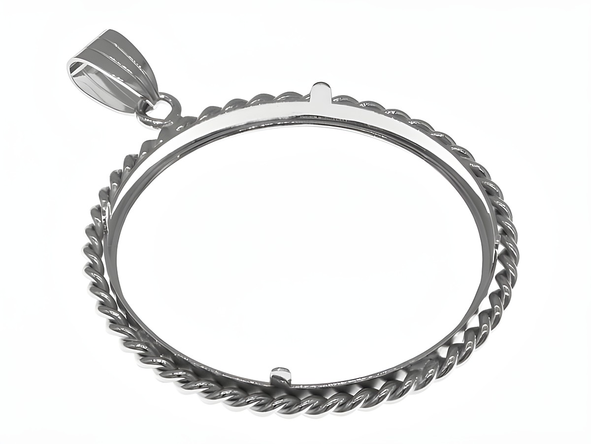 Münzfassung Anhänger aus rhodiniertem 925 Sterling Silber, Kordel-Design, zur Aufnahme von Münzen bis 34 mm Durchmesser, Hersteller Juwelier Harnisch, passend für Münzen bis 3,5 cm. – Ansicht 3