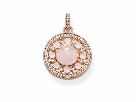Thomas Sabo Anhänger PE562-417-9 aus vergoldetem Roségold mit einem zentralen Rosenquarz und Zirkonia-Steinen umrandet, elegantes Design und glitzernden Akzenten.