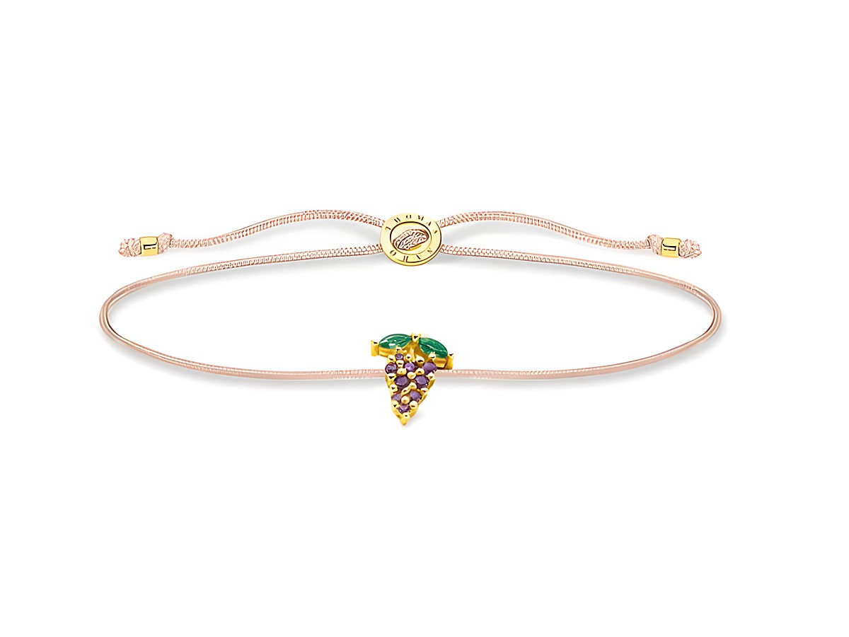 Thomas Sabo Armband LS127-472-7-L20V aus vergoldetem Sterling Silber mit buntem Glas-Keramik Stein und Nylonband, verziert mit einem Anhänger in Traubenform.