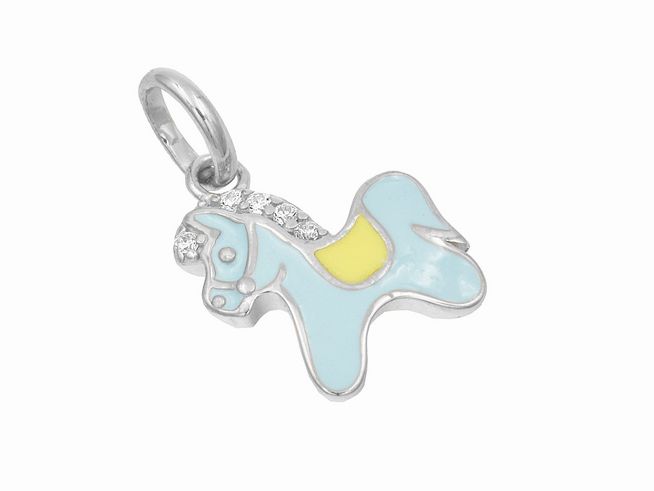 Silber Anhänger in Form eines Pferdes, poliert und rhodiniert, mit bunten Lackelementen in Weiß, Gelb und Hellblau sowie Zirkonia-Akzenten, Hersteller Juwelier Harnisch.
