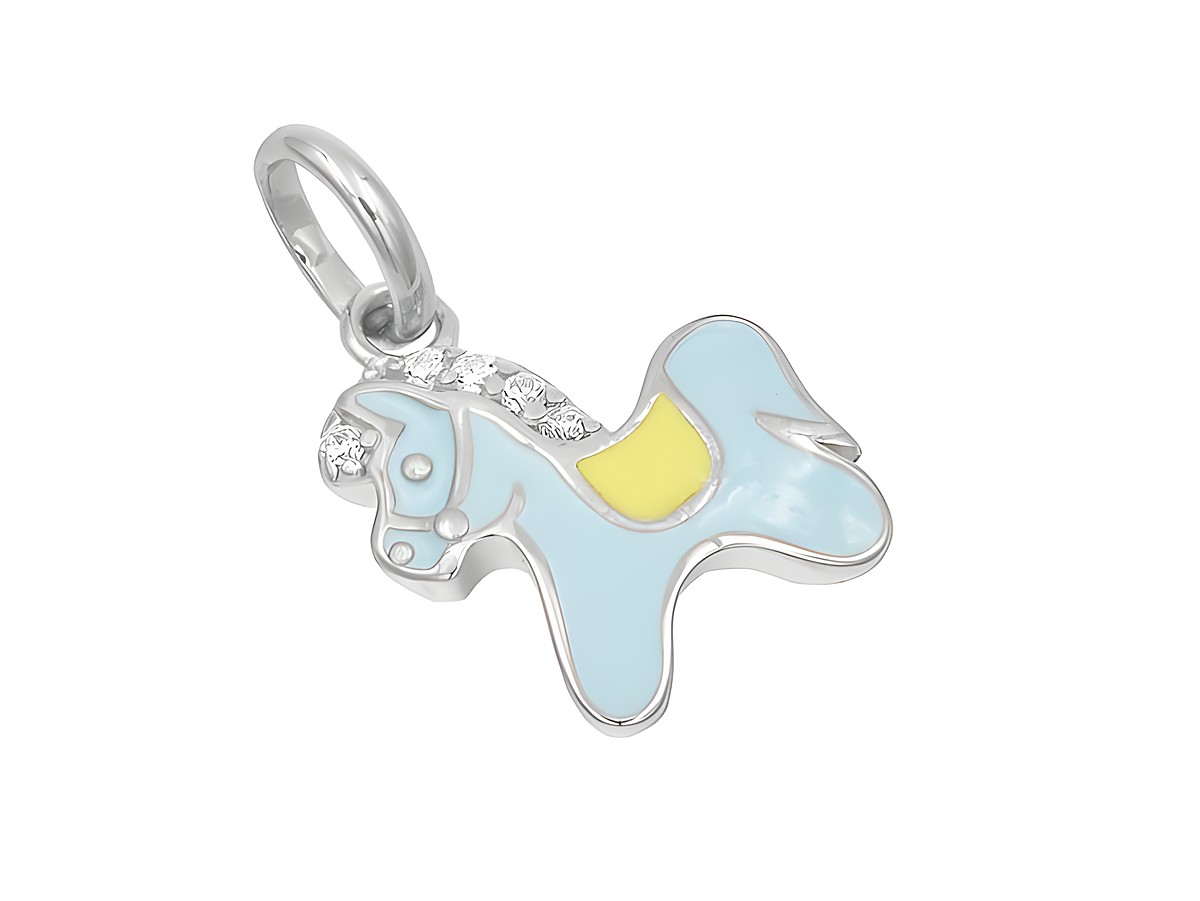 Silber Anhänger in Form eines Pferdes, poliert und rhodiniert, mit bunten Lackelementen in Weiß, Gelb und Hellblau sowie Zirkonia-Akzenten, Hersteller Juwelier Harnisch.
