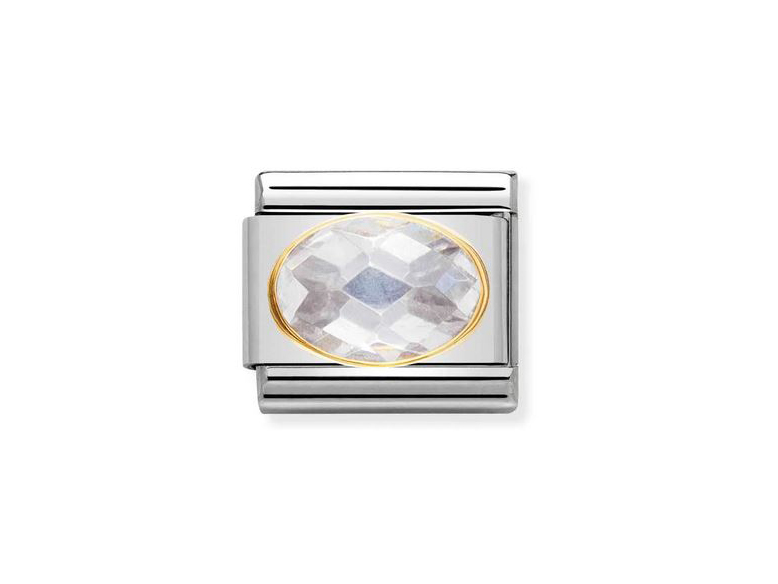 Zirkonia facettiert in ovaler Form, umrahmt von einem glänzenden Silberrand mit goldenem Akzent, geeignet für Schmuck von Nomination, Modell Classic 030601 10.