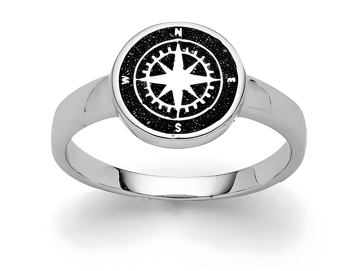 DUR Schmuck R5158.58 ist ein eleganter Sterling Silber Ring mit Kompassmotiv und Lavasand in der Größe 58. Der Ring hat eine glänzende Oberfläche und ein auffälliges Design.