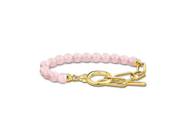Ein silbernes Armband mit vergoldeten Elementen und rosa-pinken Zirkonia-Steinen. Das Design enthält Glieder und hat eine verstellbare Länge von 16 bis 19 cm.