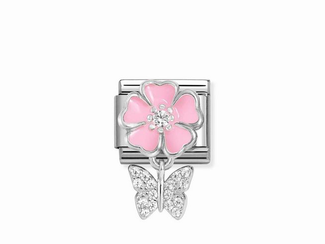Charm aus Silber mit einer rosa Blume und einem Schmetterling. Die Blume ist mit Emaille verziert und der Schmetterling funkelt mit Zirkonia. Ideal für individuelle Armbänder.