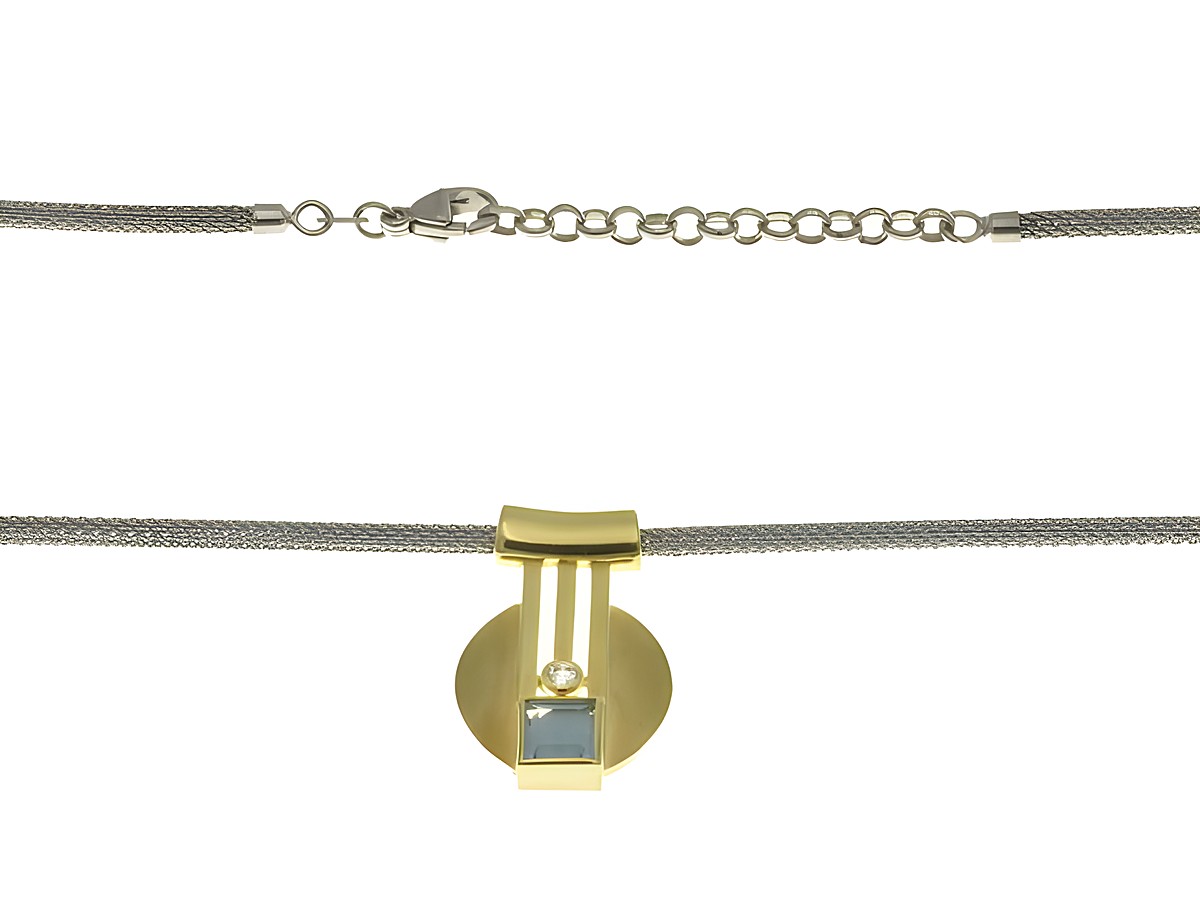 Kette aus Gelbgold und Edelstahl mit einem Mittelteil aus einem Blautopas und Zirkonia, verstellbare Länge von 41 cm bis 45 cm, elegantes Design von Juwelier Harnisch.