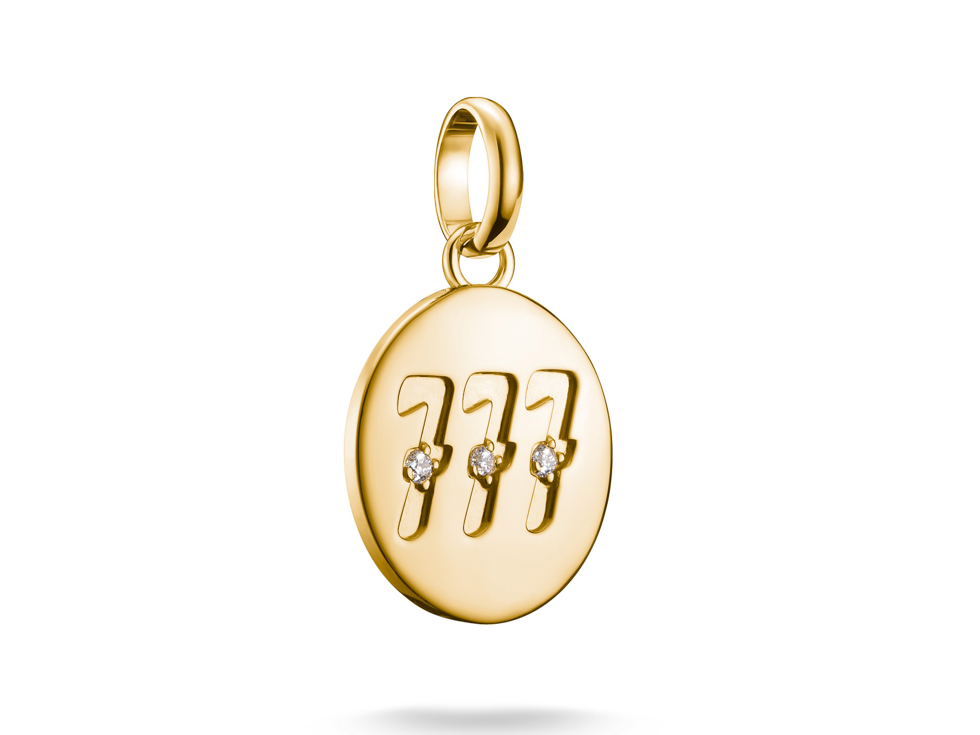 Charm aus Silber mit Gelbgold Vergoldung, rund mit der eingravierten Zahl 777 und Zirkonia-Steinen, hergestellt von Thomas Sabo, Teil des Charm Club CONNECT.