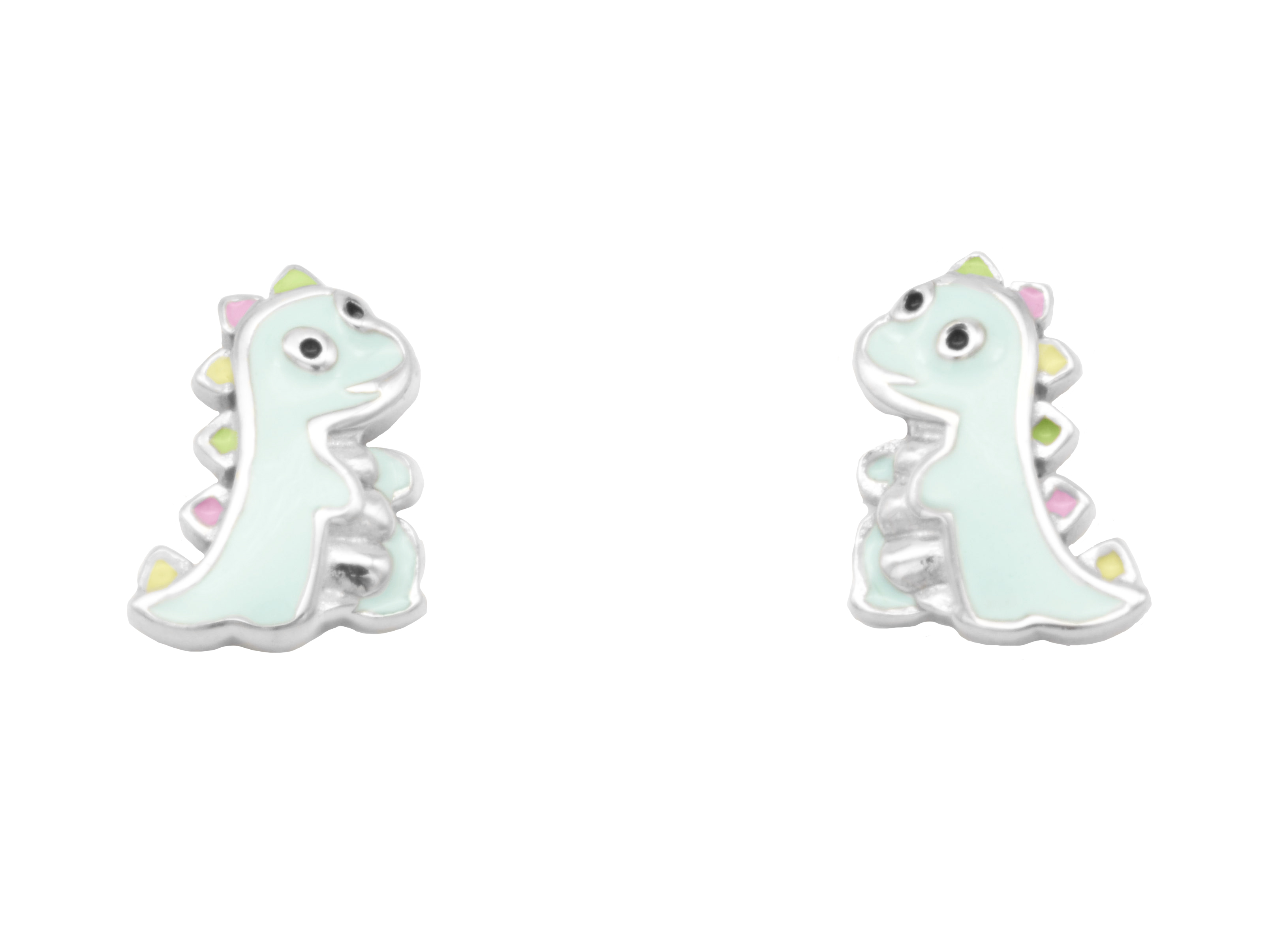 Ohrstecker Ohrringe in Dinosaurier-Design aus rhodiniertem, poliertem Sterling Silber mit buntem Lack, hergestellt von Juwelier Harnisch, ideal für Kinder.
