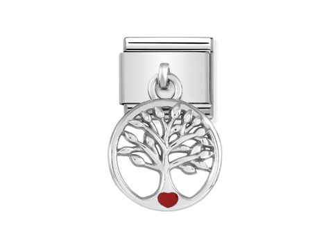 433180507-0 Charms von Nomination Classic SilverShine 331805 07 mit einem filigranen Baum des Lebens, verziert mit einem roten Herzen, ideal für eine persönliche Note auf Armbändern.
