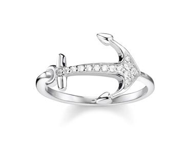 Ring von Thomas Sabo in Größe 48 mit einem weißen Anker-Design und funkelnden Zirkonia-Steinen, aus hochwertigem Silber gefertigt und perfekt für nautische Liebhaber.