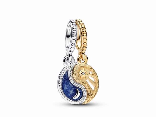 Bicolor teilbarer Sonne und Mond Charm-Anhänger von Pandora, gefertigt aus Sterling Silber und Gelbgold Vergoldung, zeigt eine harmonische Verbindung von Mond und Sonne mit funkelndem Element.