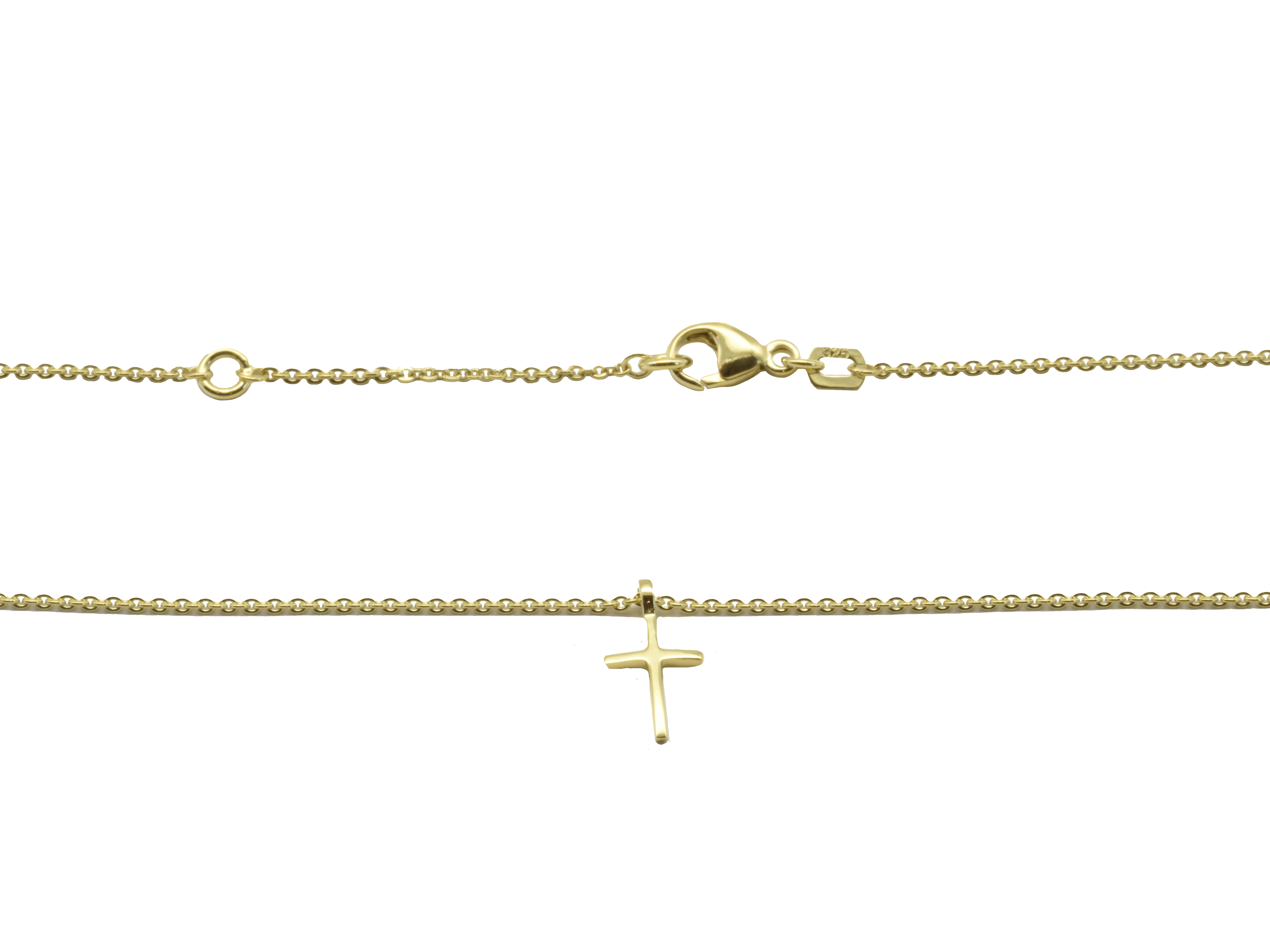 Kette aus filigranem Sterling Silber 925, vergoldet in Gelbgold, mit einem zentralen Kreuz und einer Länge von 42 plus 45 cm, hergestellt von Juwelier Harnisch, ideal als Schmuckstück.