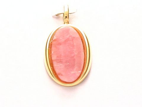 Design Anhänger aus Rhodochrosit mit Goldauflage, Hersteller Juwelier Harnisch, ovaler pinkfarbener Stein, elegant eingefasst, perfekt für stilvolle Schmuckliebhaber.