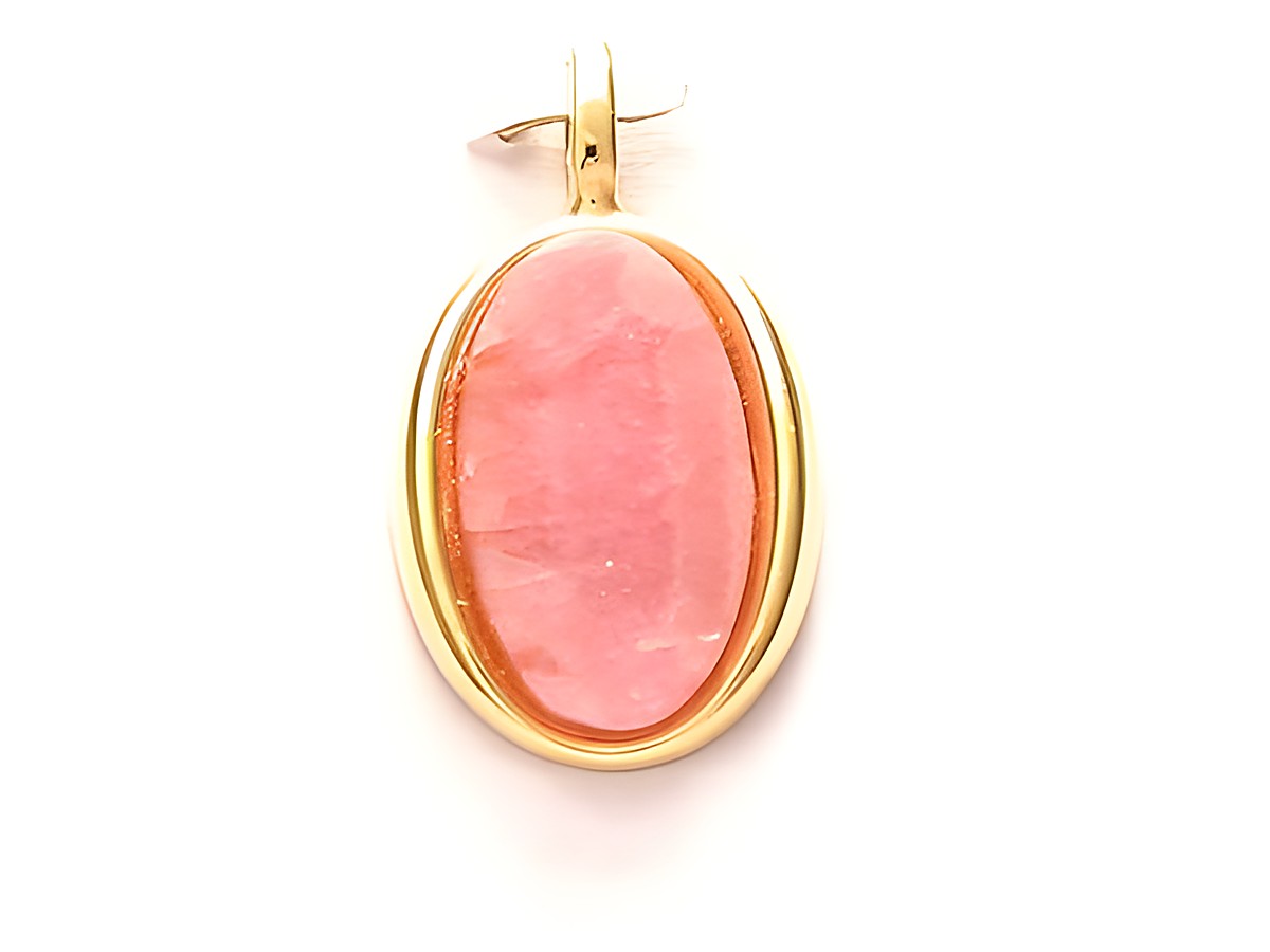 Design Anhänger aus Rhodochrosit mit Goldauflage, Hersteller Juwelier Harnisch, ovaler pinkfarbener Stein, elegant eingefasst, perfekt für stilvolle Schmuckliebhaber.