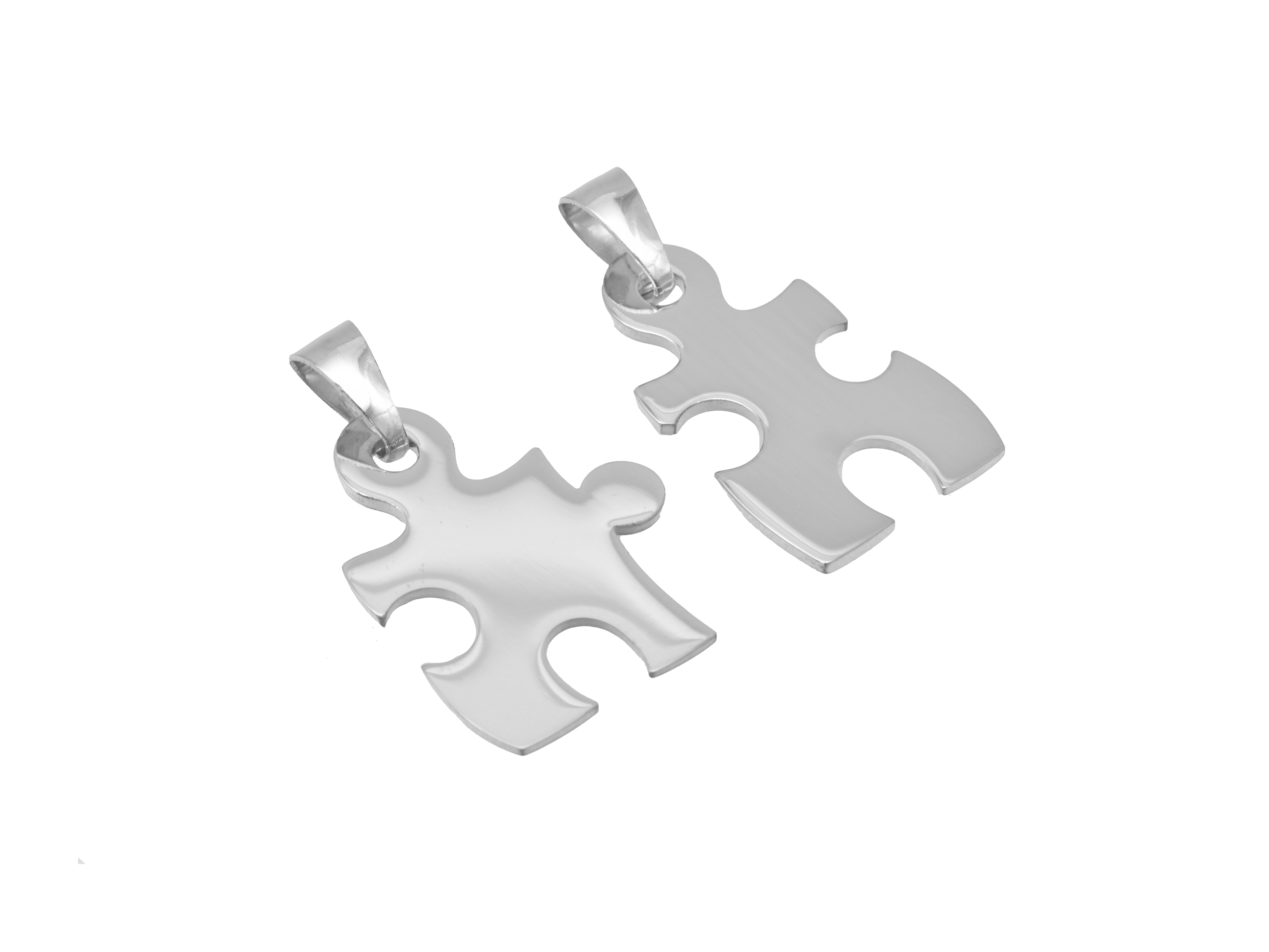 Silber Anhänger in Form von Puzzleteilen, rhodiniert, vom Hersteller Juwelier Harnisch, ideal als Partneranhänger, glänzende Oberfläche und modernes Design.