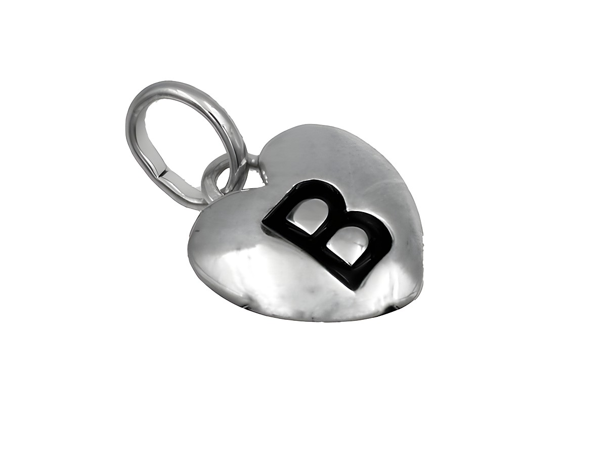 Anhänger Herz aus 925 Sterling Silber mit polierter rhodinierter Oberfläche und schwarzem Buchstaben B, geeignet für Kinder, Hersteller Juwelier Harnisch.