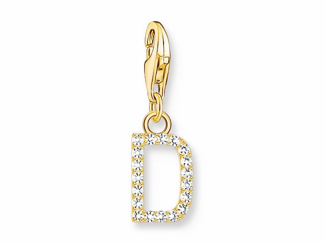Charm-Anhänger in Form des Buchstabens D aus Silber mit Vergoldung, verziert mit funkelnden Zirkonia in Weiß, gefertigt von Thomas Sabo.