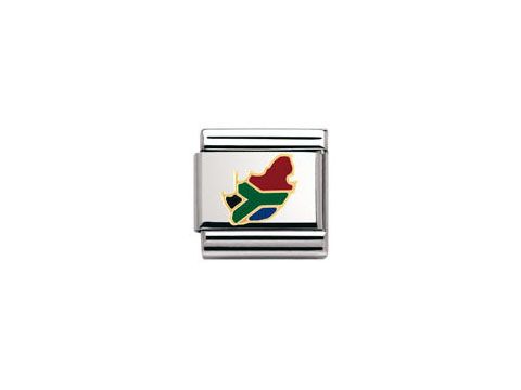 Ein silberner Charm mit der Umrissform von Südafrika, verziert mit den Farben der südafrikanischen Flagge in rot, grün und blau. Ideal für Armbänder oder als Geschenk.