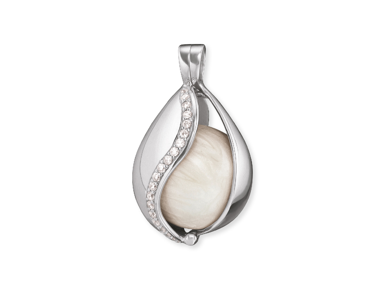 Eleganter Klangkugel Anhänger in Silber rhodiniert mit Perlmutt und Zirkonia, in Form einer tropfenförmigen Himmelsträhne, Größenangabe M.