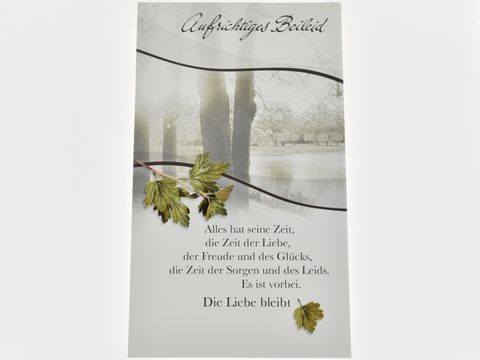 Trauerkarte mit Blick auf einen ruhigen See, umgeben von sanften Bäumen. Dezente Farben und eine goldene Schrift vermitteln Trauer und Erinnerungen. Hersteller ist Juwelier Harnisch.