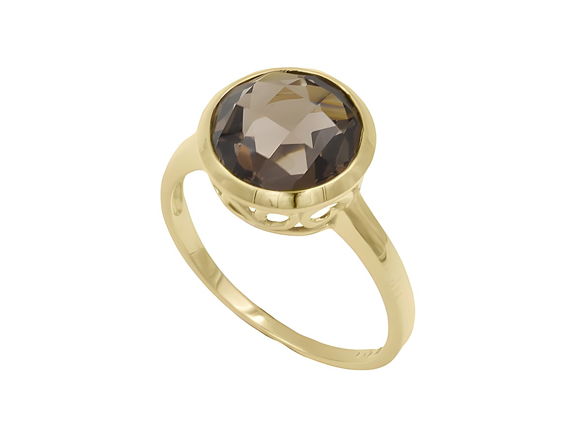 Gelbgold Ring mit mystischem Rauchquarz, Gelbgold 585, Größe 56, Hersteller Juwelier Harnisch, bis Größe 56/18. Elegante Fassung mit facettiertem Stein.