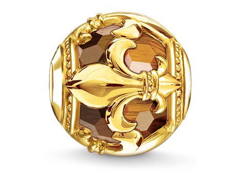 Karma Bead von Thomas Sabo, Modell K0235-887-2, mit vergoldeter Bourbonischen Lilie und Tigerauge, edles Design für individuelle Schmuckstücke.