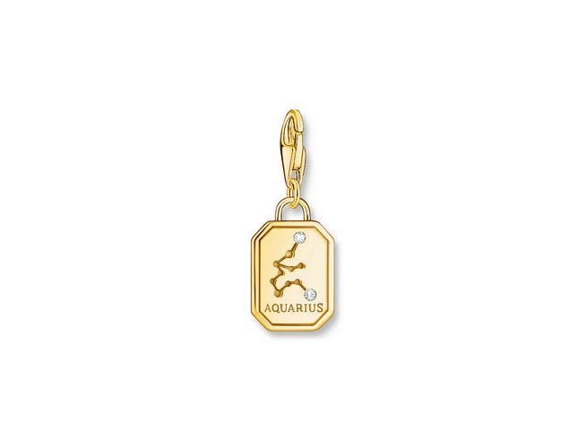 Charm-Anhänger von Thomas Sabo in Silber mit Gelbgold vergoldetem Sternzeichen Wassermann, verziert mit Zirkonia, unterstreicht den individuellen Stil.