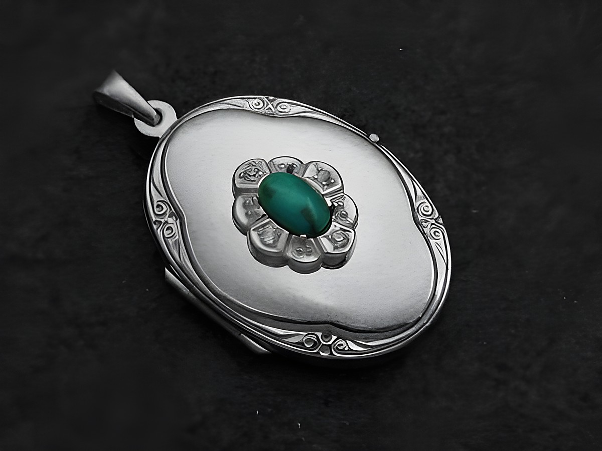 Türkis türkis-blau Medaillon Cabochon aus Weißgold 585 mit Brillanten, Hersteller Juwelier Harnisch, elegantes Design und hochwertige Verarbeitung. Ideal als Schmuckstück für besondere Anlässe.