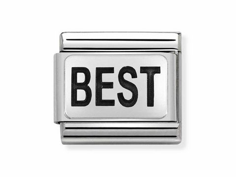 Oxidierte Plakette aus Edelstahl in Silber mit der eingravierten Aufschrift BEST, geeignet für das Nomination Armband. Hochwertige Verarbeitung und modernes Design.