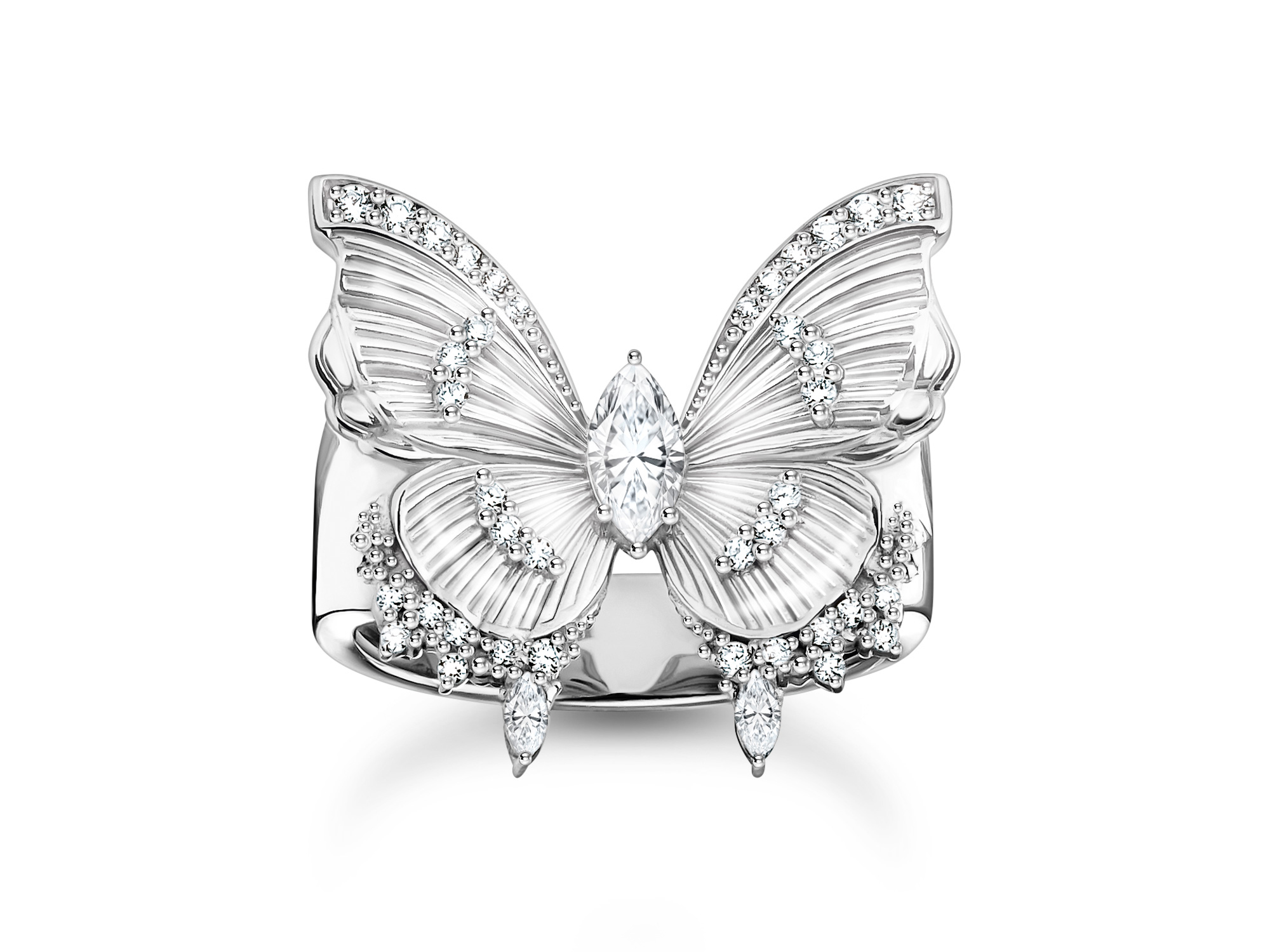 Thomas Sabo Ring TR2495-051-14-52 mit Schmetterlingsdesign, verziert mit funkelnden Zirkonia, glänzendes Silber, elegant und verspielt, ideal für besondere Anlässe, Größe 52.