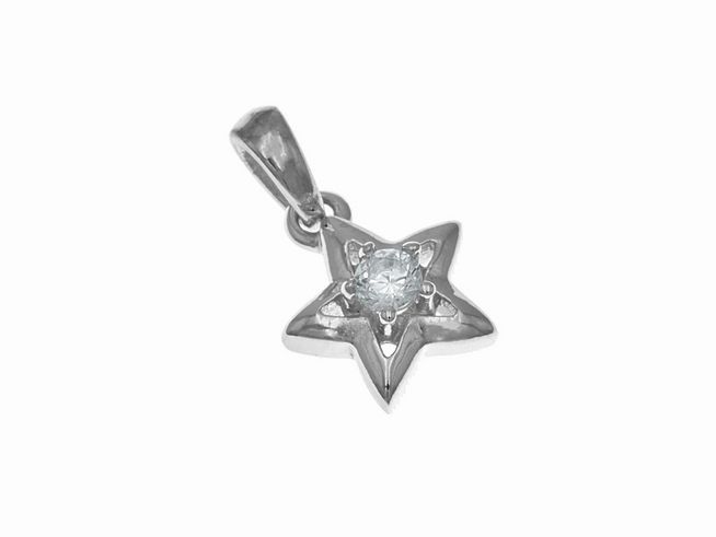 304664-0 Silber rhodinierter Anhänger in Form eines Sterns mit einem weißen Zirkonia in der Mitte, hergestellt von Juwelier Harnisch, inspiriert von Sonne, Mond und Sternen.