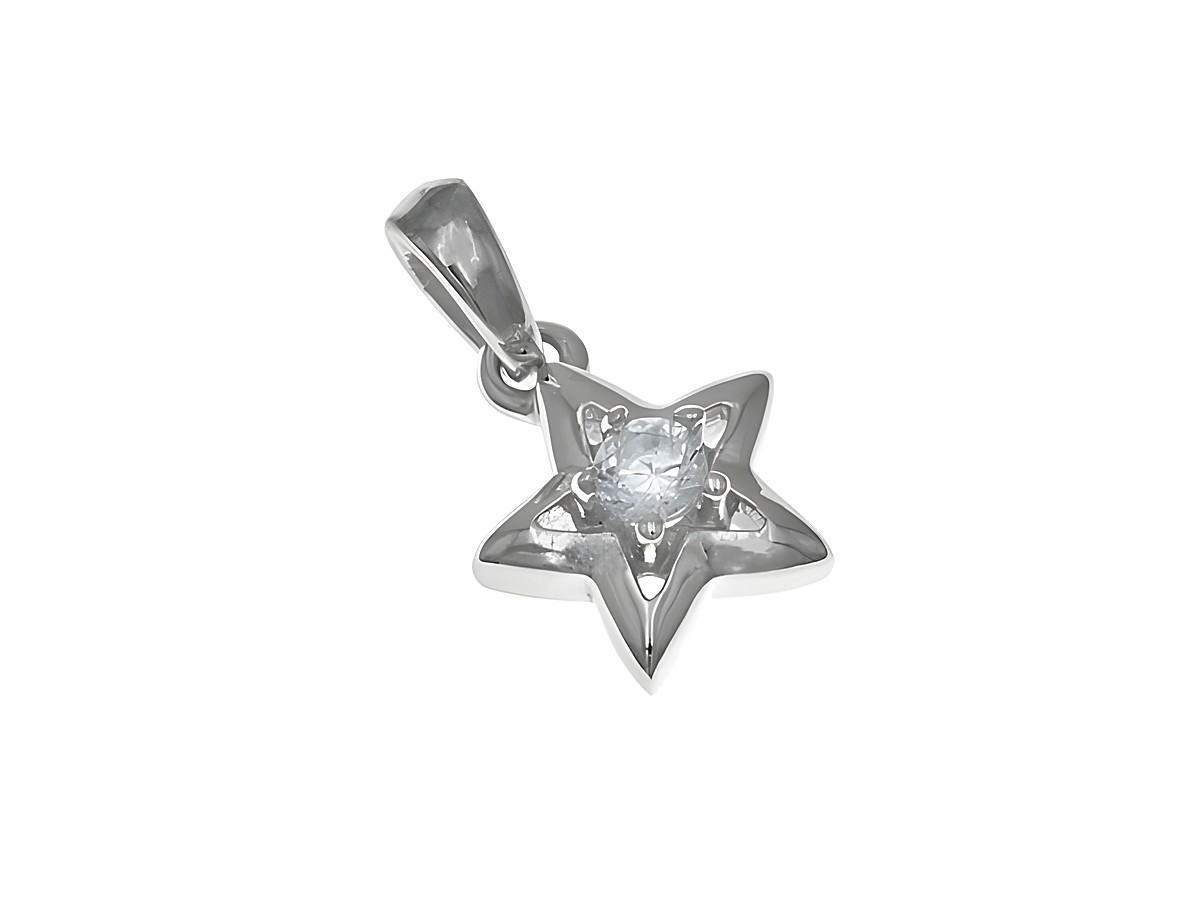 Silber rhodinierter Anhänger in Form eines Sterns mit einem weißen Zirkonia in der Mitte, hergestellt von Juwelier Harnisch, inspiriert von Sonne, Mond und Sternen.