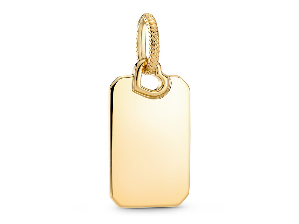 Rechteckiger Anhänger aus Gelbgold mit Vergoldung von Pandora, inklusive beidseitiger Gravurmöglichkeit, elegant und zeitlos im Design. Ideal für persönliche Botschaften oder Erinnerungen.