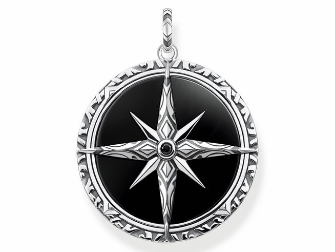 Thomas Sabo Anhänger aus Sterling Silber mit Onyx und Zirkonia, zeigt einen stilisierten Kompass mit filigranem Design und schwarzem Hintergrund, ideal für moderne Schmuckliebhaber.