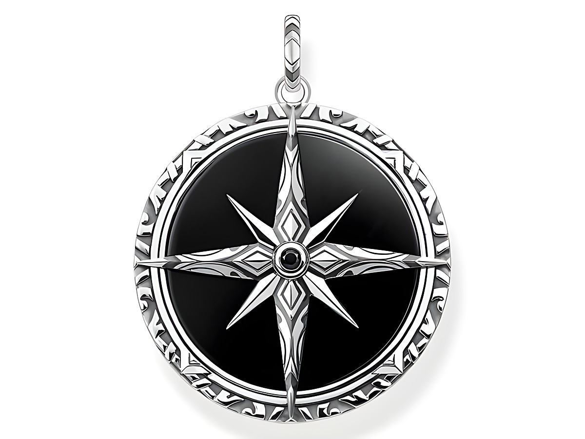 Thomas Sabo Anhänger aus Sterling Silber mit Onyx und Zirkonia, zeigt einen stilisierten Kompass mit filigranem Design und schwarzem Hintergrund, ideal für moderne Schmuckliebhaber.