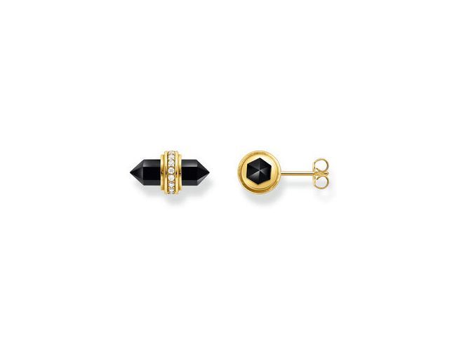 Ohrstecker von Thomas Sabo aus Silber mit Gelbgold Vergoldung und Onyx, verziert mit Kristallen, elegantes Design in Schwarz und Gold.