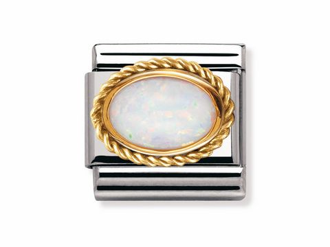 Kordel OPAL WEIß mit Goldrand von Nomination, oval geformter Anhänger, edle Optik mit schimmerndem Opalstein, verarbeitet in hochwertigem Metall. Ideal für individuelle Schmuckkreationen.
