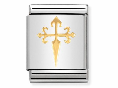 Armbandglied von Nomination aus der Serie 032130 13 mit einem Santiago Orden Jakobskreuz in Gold auf silbernem Hintergrund, passend für Composable Big, hergestellt in Spanien.